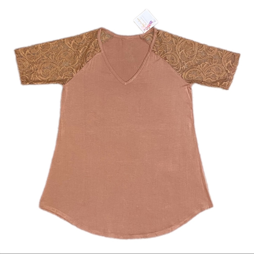 NWT Tan V Neck Top w/ Lace Sleeves / Size Large